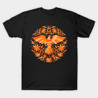 Flying Bird - Mexican Otomí Design in Orange Shades by Akbaly T-Shirt